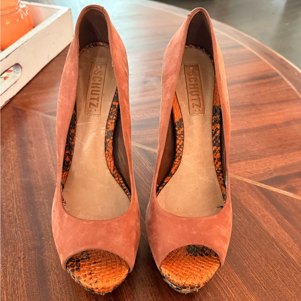SCHUTZ Women's Suede Peep Toe Heels - Rust and Snake Print